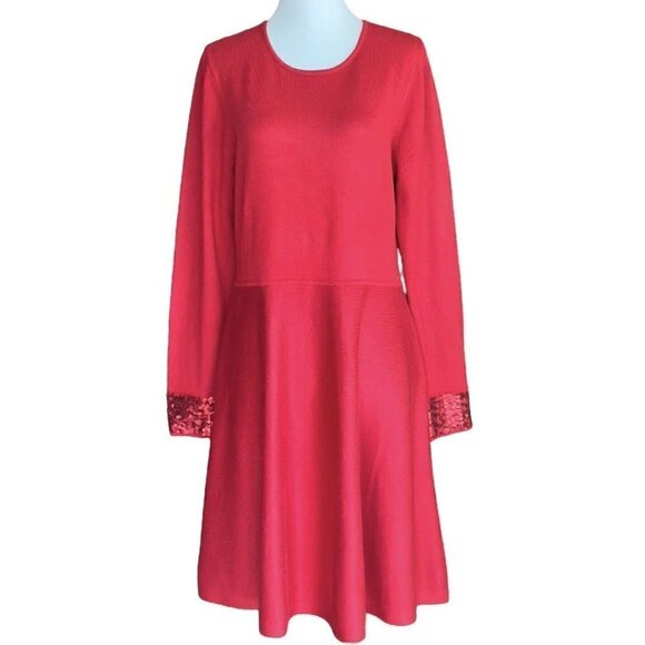 Jason Wu Dresses & Skirts - Jason Wu Red Round Neck Long Sleeve Sequined Cuff A-Line Knit Dress Women's Sz L